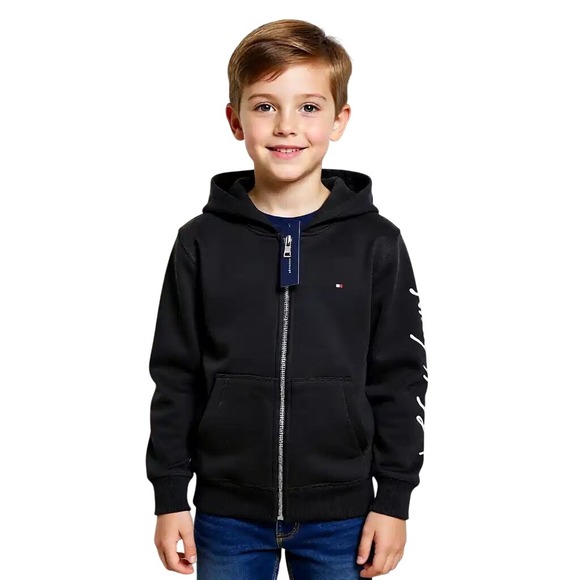 Tommy Hilfiger Other - Tommy Hilfiger Black Zip Up Hoodie Boys Girls Signature Logo Sleeve Sm 6-8 NWT